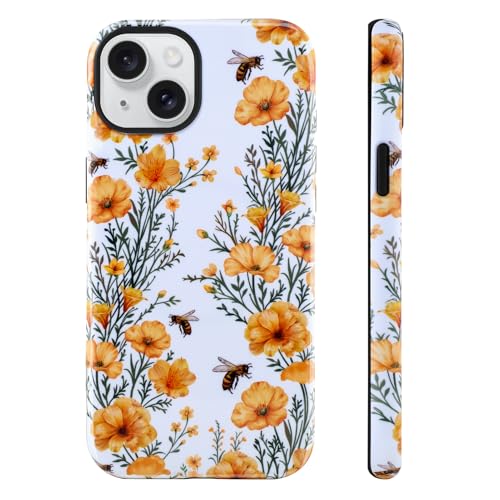 Image of Magnetic for iPhone 15 Case [Compatible with Magsafe] Yellow Flower Floral Pattern Design, Full Body 2 in 1 Shockproof Scratch Resistant Protective Cover for Women Girl