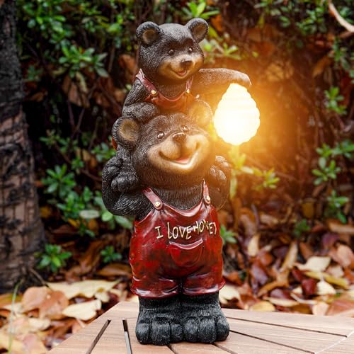 The Roo Brand - Figura de luz solar de colmena de oso negro, estatua de jardín impermeable al aire libre, luz de decoración de animales, oso madre y bebé para exteriores, patio, patio y césped
