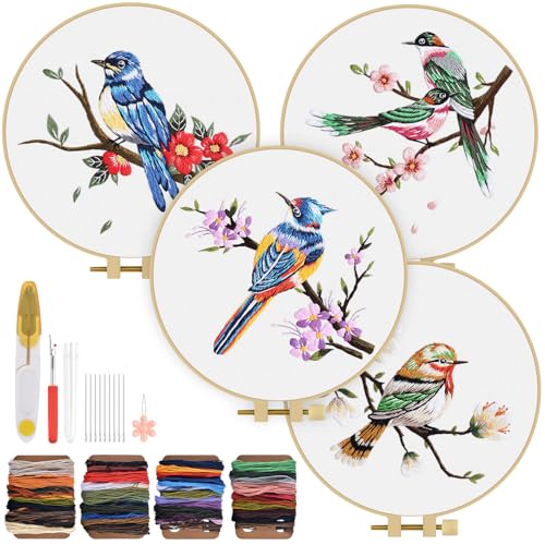 Image of TINDTOP Embroidery Kit for Adults, Flowers and Bird Embroidery Practice Kits for Beginners Adults Include Embroidery Cloth Hoops Threads for Craft Lover Hand Stitch