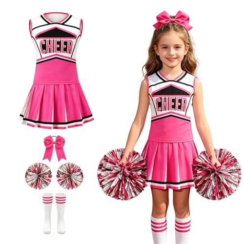 AGCOAH Cheerleading Costume for Girls Classic Rose Red Cheerleader Uniforms Cheer Outfit 5PCS Set Halloween Cosplay 59.0Inch(10-11Y)