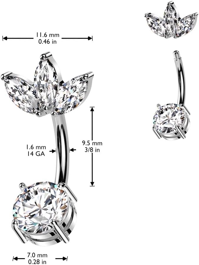 Pierced Owl 14GA 316L Stainless Steel CZ Crystal Marquise Fan Top Belly Button Ring - Image 2