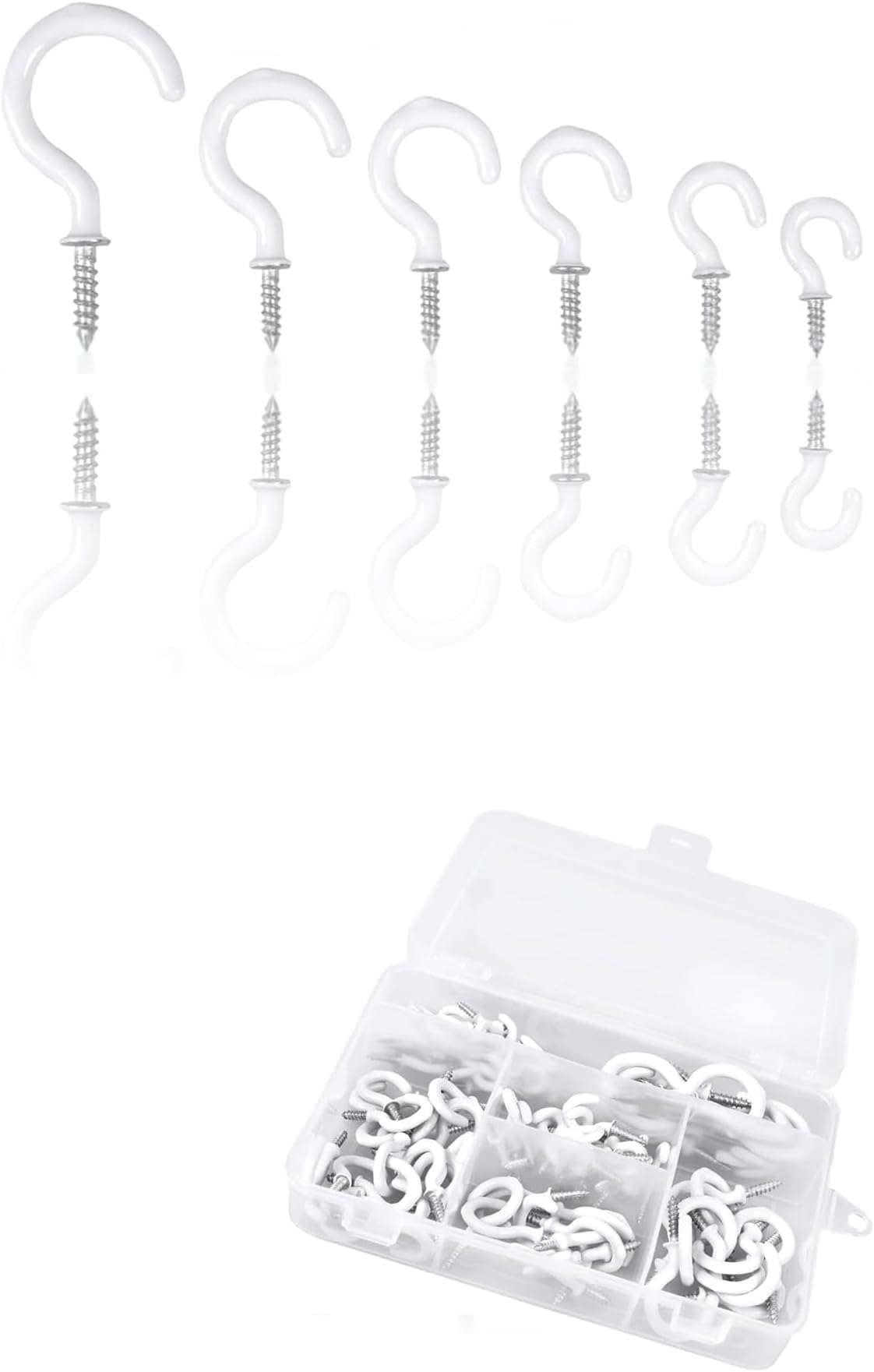 โ Sweet seven 90 Pcs White Vinyl Coated Ceiling Hooks Kit - 6 Sizes Screw-in Hooks for Plants, Kitchen, Cups - Versatile Hanging Solutions (1/2 into 1-1/4in)