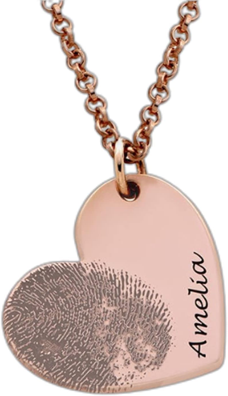 Drawelry Personalized Memorial Fingerprint Heart Necklace : Engraved Name Customized Letters Actual Fingerprint Oval Pendant Necklace Promise Anniversary Birthday Jewelry Gift for Women Men