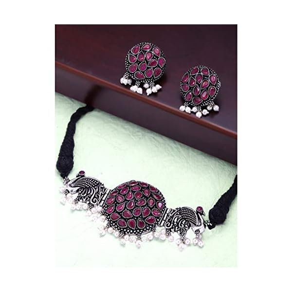 Yellow Chimes Traditional Silver Oxidised Jewellery Set Silver Choker Set | Threaded Peacock Shaped Stone Choker Necklace Set | Birthday Gift For Girls and Women Anniversary Gift for Wife - Image 4