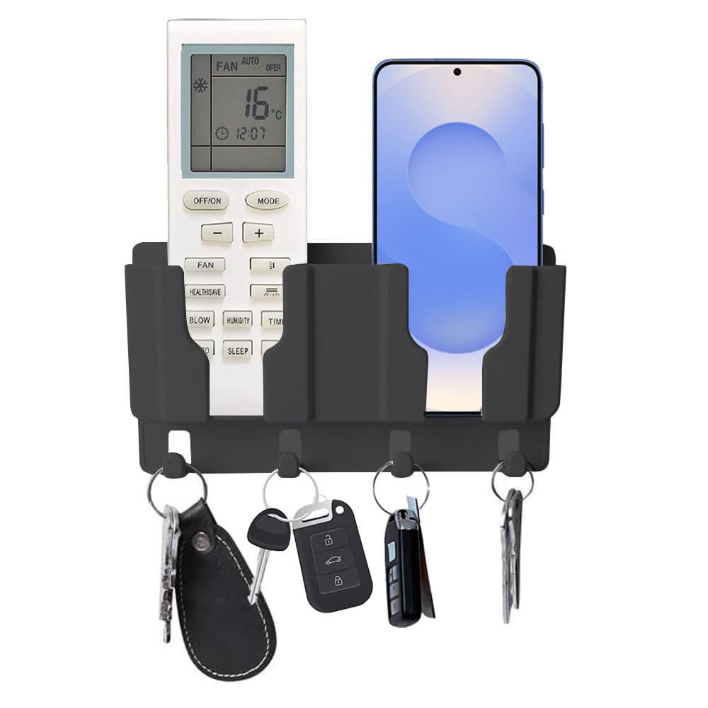 Prolet Wall Mounted Remote Control & Phone Holder With 4 Hooks – Adhesive Charging Stand & Storage Box for AC/TV Remotes and All Smartphones (Black) – Pack of 1-image-43