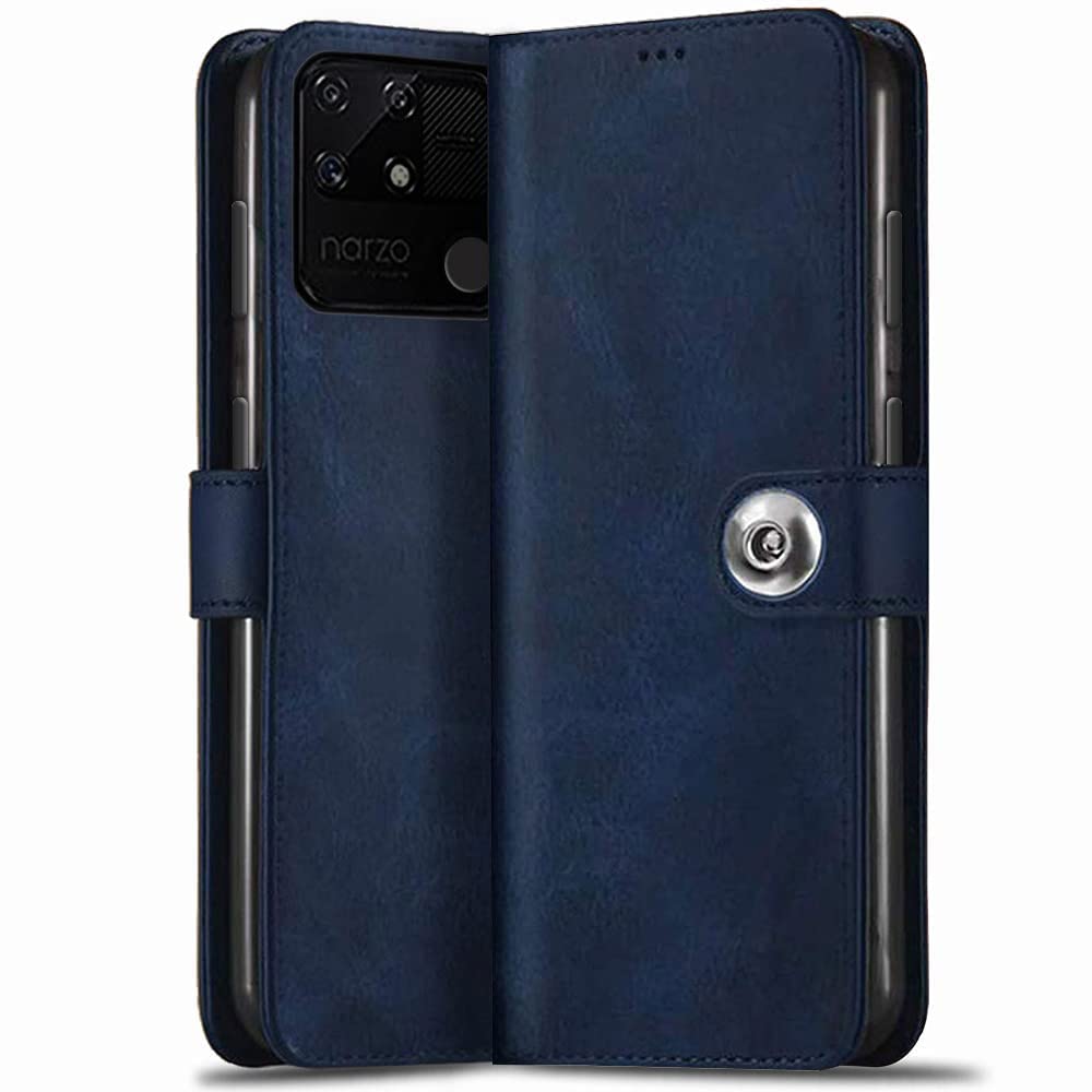 TheGiftKart Genuine Leather Finish Flip Back Cover Case for Realme Narzo 50A | Inbuilt Pockets & Stand | Wallet Style | Designer Button Magnet Flip Cover Back Case for Realme Narzo 50A (Blue) (B09MBVGG84) Amazon Price History, Amazon Price Tracker