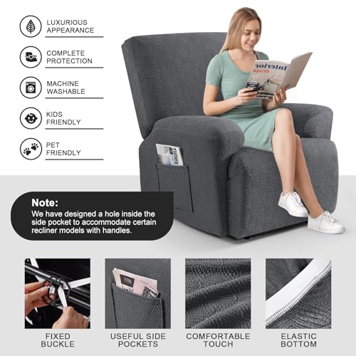 Image of Timeles Recliner Covers Recliner Chair Covers Reclining Couch Covers Sofa Slipcovers Stretch Soft Washable (One-Seater, Charcoal Gray)