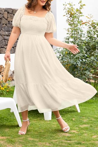 Image of Plus Size Summer Dresses - Swiss Dot Smocked Square Neck Puff Sleeve Boho Maternity Maxi Dress for Baby Shower Wedding Guest