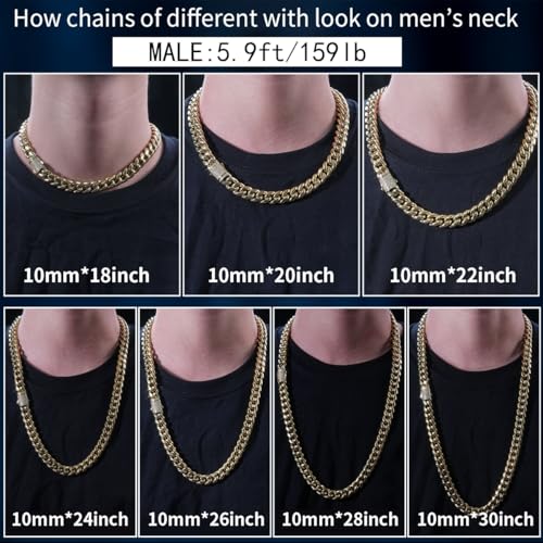 10/12mm Miami Cuban Link Chain 14K REAL Gold Plated Premium Stainless Steel Necklace Hypoallergenic Hip Hop Jewelry for Men Women Christmas Father Day Birthday Gift (Double-sided Iced Out Clasp, with Box & Pouch)2