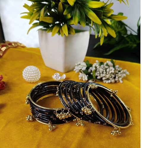Image of NMII Viral Multi Colour Glass Bangles with Golden Ghungroo Charms & Stone Work For Women & Girls | Fancy Designer Glass Bangle | Traditional Chudi | Kanch Ki Churi | Stylish Ghungroo Bangle For Women