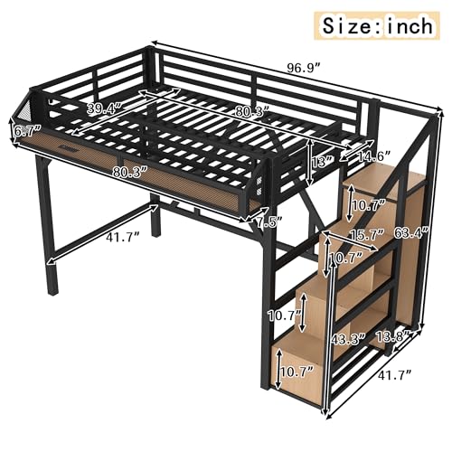 Image of Bellemave Twin XL loft Bed with Storage Stairs, Wardrobe, Shelves, Metal Twin XL Size Loft Bed Frame for Adults, Kids, Teens, Black with Natural Wood