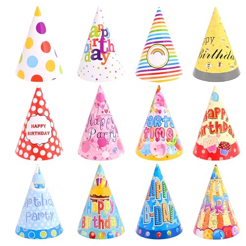 CANREVEL 12 PCS Party Hats for Kids and Adults, Cone Hat in 12 Designs for Girls Boys Women Men