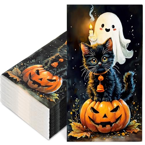 Serviettes en papier Halloween x100 décor chat et citrouille jetables pour table
