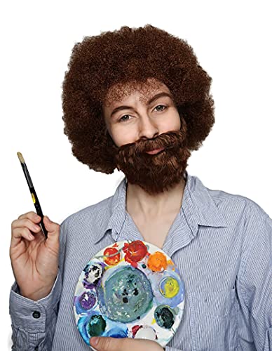 ALLAURA Compatible with Painter Ross Wig – 80s Curly Brown Afro Wig &amp; Beard Set for Men &amp; Women – Realistic, Non-Itchy Costume Hairpiece for Halloween, Art Teacher Cosplay, Retro Funny Party Outfits