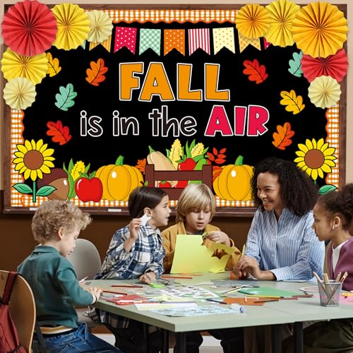 Image of Fall Thanksgiving Bulletin Board Set for Classroom Decoration Fall is in The Air Paper Cutouts with 3D Paper Fans Autumn Leaves Pumpkins Bulletin Board for School Office Harvest Wall Decor