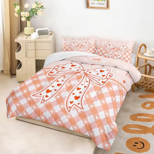 Image of AILONEN Peach Gingham Comforter Queen 3-Piece Aesthetic Bowknot Bedding Orange Plaid Quilt Ultra Soft Microfiber Quilted Duvet Alternative Master Bedroom Decor Vibrant Apricot Blanket 2 Cases