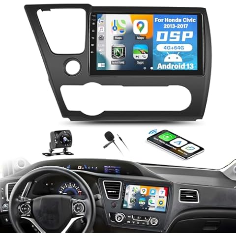 UNITOPSCI 4G+64G Android Car Stereo Radio for Honda Civic 2013-2017 Wireless CarPlay Android Auto Bluetooth 5.0 GPS Mirror Link 9 Inch 1280 * 720 Touch Screen DSP 32 EQ FM/RDS WiFi Backup Camera Mic Cover