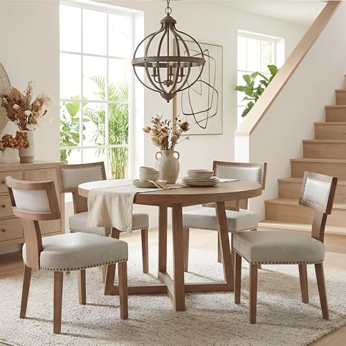 Image of HNY Mid Century Modern Dining Chairs Set of 4, Farmhouse PU Leather Upholstered Accent Chairs Curved Nailhead Trim Backrest Kitchen Chairs, with Hardwood Frame, Grey