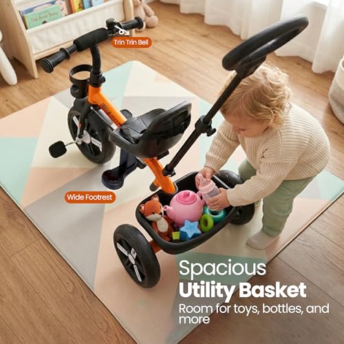 Image of Luusa Elite 500 Kids Tricycle with Parent Push Handle & Safety Seat Belt - Premium 3 Wheel Toddler Cycle with Storage Basket & Comfortable Backrest for 1-4 Years Boys & Girls (Orange)
