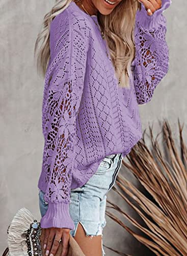 Image of Dokotoo Womens Crewneck Crochet Lace Long Sleeve Hollow Out Cable Knit Sweaters Pullover Tops