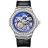 DAXIAOYU Reloj mecánico de esqueleto hueco con incrustaciones de diamante para hombre, luminoso, totalmente automático, correa de piel auténtica, relojes de pulsera de moda, Azul, Lujo