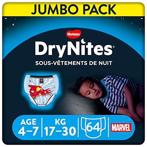 Huggies Drynites 4-7 ans Garçon (17-30kg) - Sous-Vêtements de Nuit Absorbants pour Enfants qui Font Pipi au Lit - x64 Culottes (Lot de 4 Paquets de 16)
