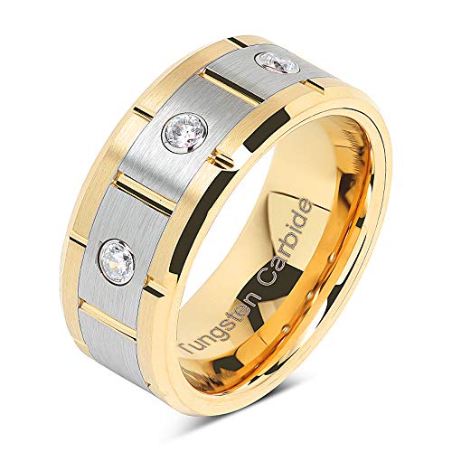 100S JEWELRY Tungsten Rings For Men Women 14k Gold & Silver Center Brushed CZ Inlaid Grooved Size 8-16