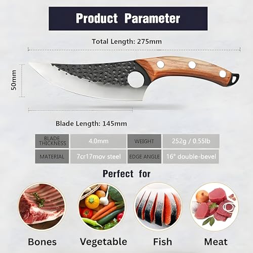 Image of Professional Japanese Chef Knife with Hammered Damascus Steel Blade, Wooden Handle, Premium Kitchen Cutlery, Leather Sheath Included (Wooden Handle)