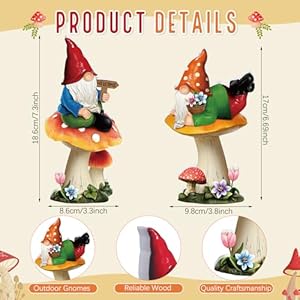 2 Pcs Spring Gnomes Decorations for Yard Wooden Garden Figurines 7 Inch Gnomes on Mushroom Statues for Spring Summer Holiday Outdoor Porch Lawn Patio Yard Garden Decor