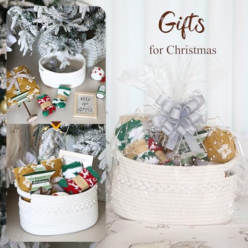 Sea Team Geschenkkorb aus gewebtem Baumwollseil mit Geschenktüten und Bändern, leerer Aufbewahrungskorb, Babyparty-Geschenk, Haustiergeschenk oder Kinderzimmer, 34 x 23 x 18 cm, Weiß