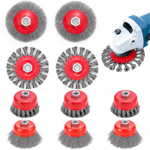Idong 10 Stück Drahtbürste Set für Bohrmaschine Drahtbürste Winkelschleifer 75mm und 100mm Stahlbürste Akkuschrauber für M14 Modelle Winkelschleifer Zubehör für Polier Schleifen Entrosten Entgraten