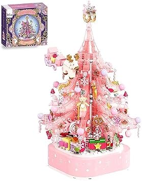 Pink Crystal Christmas Tree Building Blocks Set 675pcs Christmas Music Box Brick Model Kit Building Toys for Adults Girls Building Toys Lego Compatible