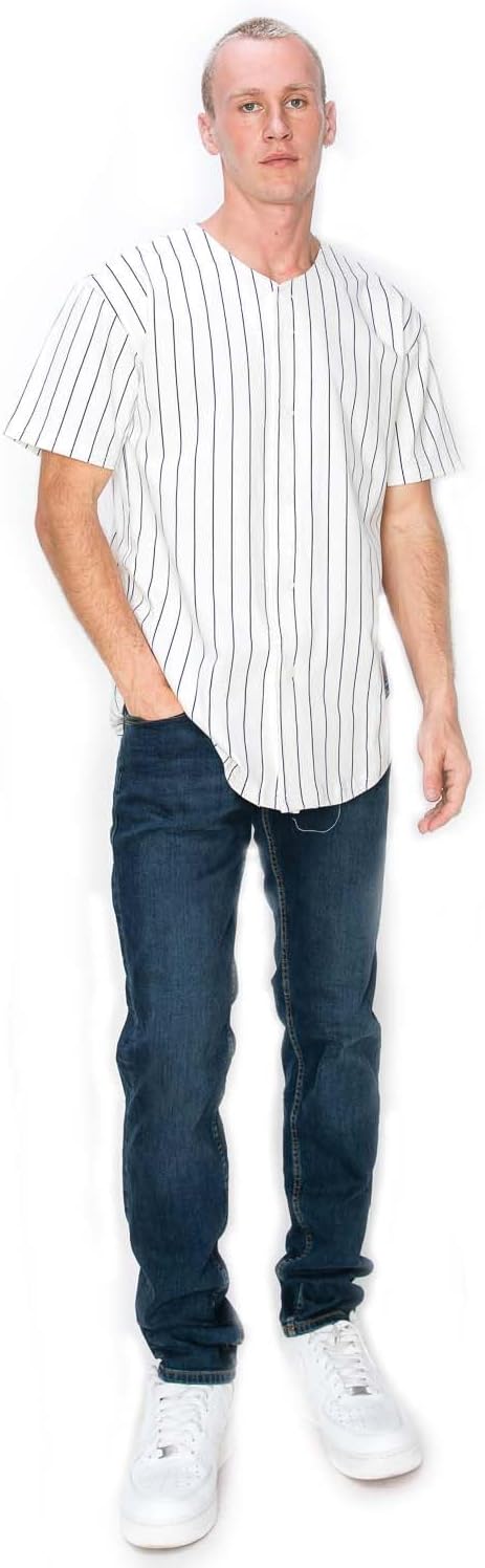 YURO-K Men's White Cotton Pinstripe Baseball Jersey/Made in Los Angeles