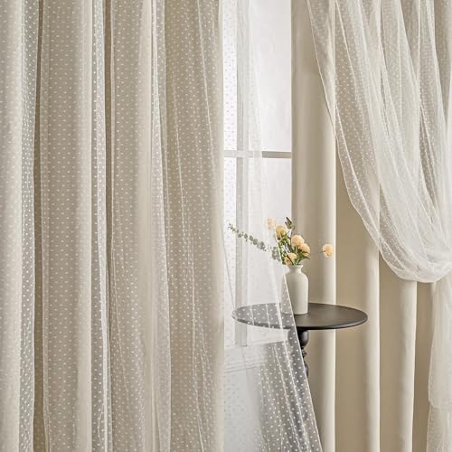 Image of MYSKY HOME Beige Blackout Curtains with Sheer Overlay 52Wx63L,2 Panels