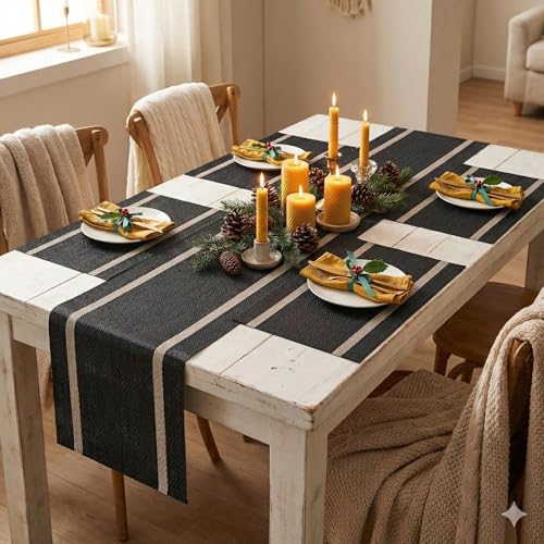Image of YELONA Dining Table Placemats and Runner Set - Heat Resistant, Washable, Stain Resistant Mats - Woven Vinyl Plastic - Easy to Clean-(45x30 cm 4 Placemats, 135x30 cm 1 Runner)-Ideal for Stylish Dining