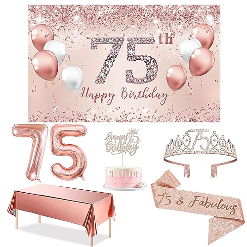 Trgowaul 75th Birthday Decorations Party Set for Women, Rose Gold 75 Birthday Banner and Tablecloth, 75 & Fabulous Sash and Tiara, 1PC Happy 75th Birthday Cake Topper, Pink Gold 75 Number Balloons