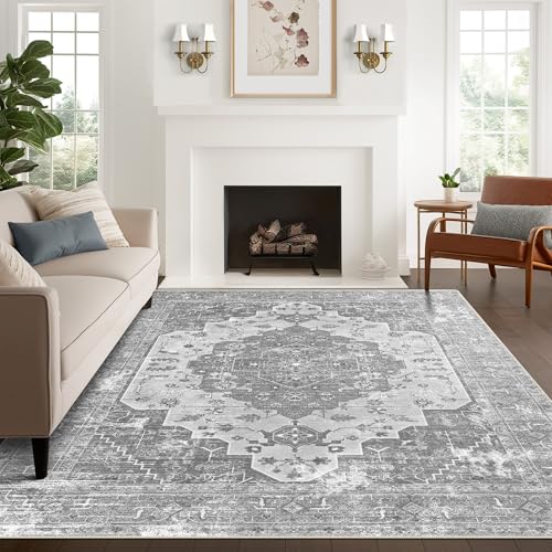 vivorug 8x10 Area Rugs, Stain Resistant Washable Rug for Living Room, Vintage-Inspired Grey Floral Rug
