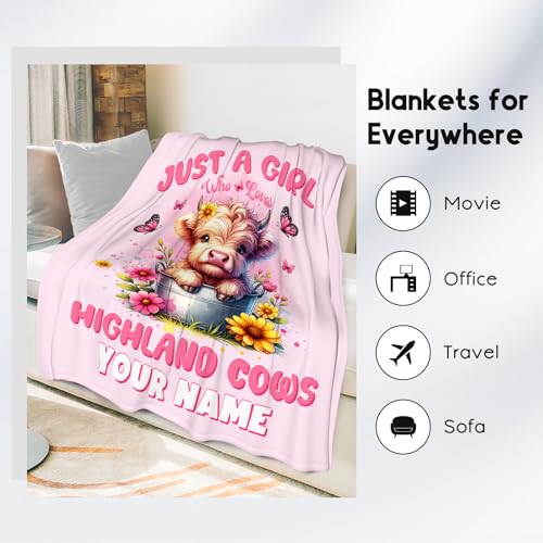 Custom Highland Cow Throw Blanket, Cozy Soft Throw Gifts for Girls, Cute Pink Flannel Throw Blankets for Couch Office, 40x50 Inches