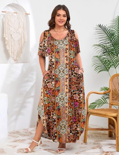 Image of JollieLovin Womens Plus Size Casual Summer Maxi Long Dress Cold Shoulder V Neck Beach Sundresses