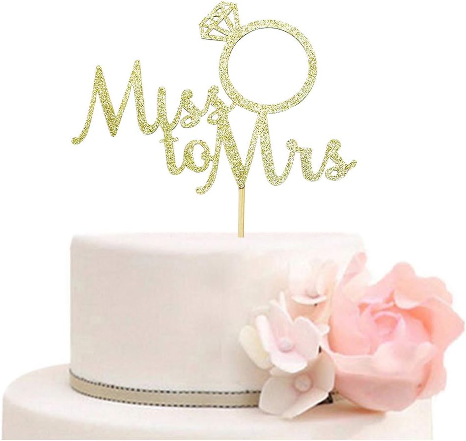 Miss to Mrs with Diamond Ring Cake Topper for Bridal Shower, Wedding, Engagement Party Decorations Gold Glitter
