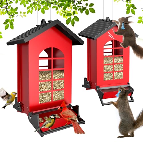Wildpark Squirrel Proof Bird Feeder for Outdoors Hanging, 8LBS Metal Hanging Bird Feeder with Bilateral Weight-Activated Perches, Large Capacity Wild Bird Feeder - Squirrel Chewing Proof（Red）