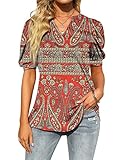 Locryz Women's Paisley Printed Blouse Summer V Neck Puffy Sleeve Shirts (XXL, Red Floral)