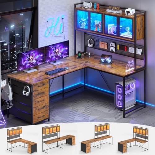 SEDETA L Shaped Gaming Desk with Drawers, L Shaped Computer Desk with Hutch and Storage Shelves, Gaming Desk with Pegboard, Led Lights, and Power Outl