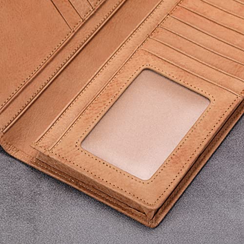 Image of HISCOW Full Grain Leather Men's Long Wallet, 15 Card Slots, Aniline Leather Tan, One Size, Classic | Gusseted bill compartment, tall bifold design, clear ID window, ideal for coat pockets or briefcases, turned-edge, gift box