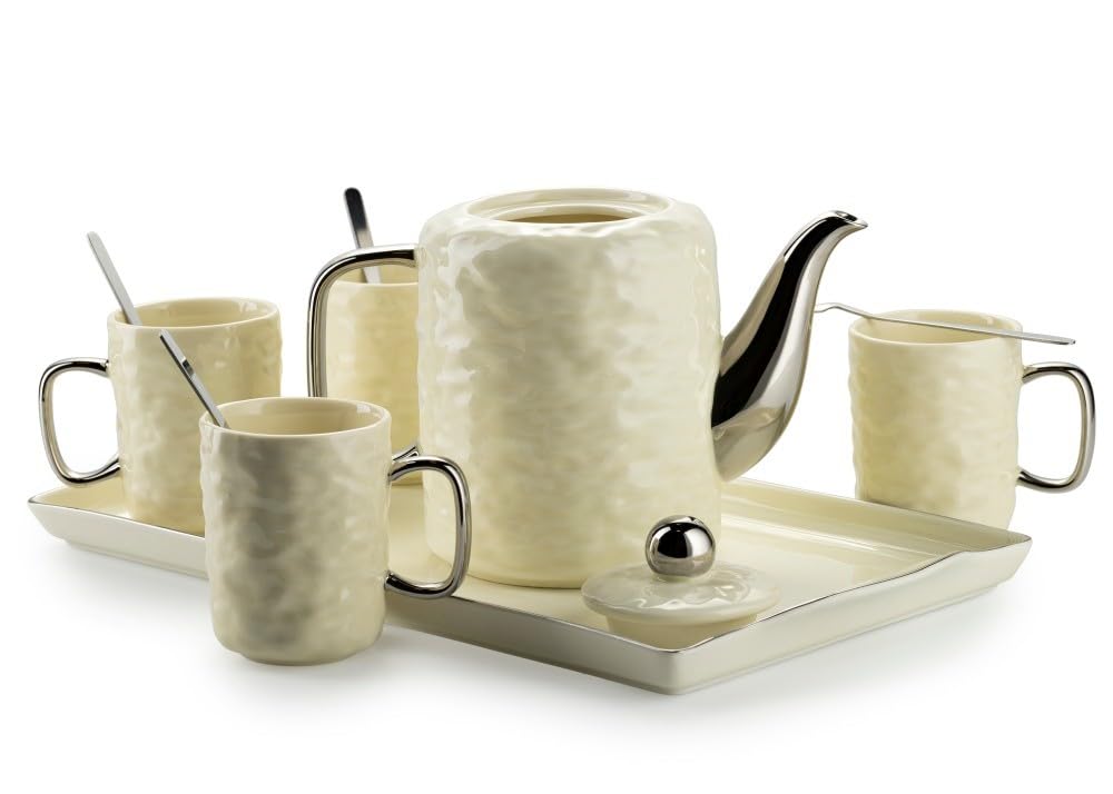 Service à café en céramique pour 4 personnes – Set avec théière, 4 tasses et plateau de service – Service à café en faïence crème – Idéal pour le service à café ou à thé