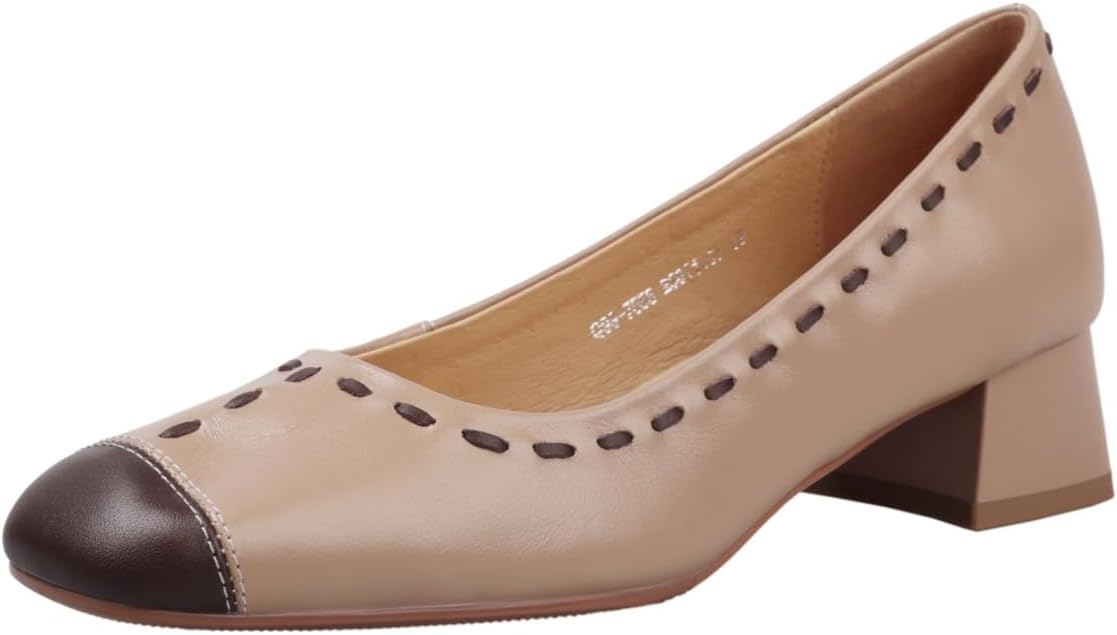 TinaCus Women's Two-Tone Block Heel Pumps Round Toe Slip-On Comfortable Work Dress Shoes with Stitches