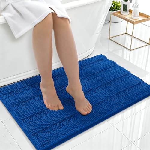 Image of Smiry Thick Chenille Bathroom Rugs 36x24, Extra Absorbent Striped Bath Mat, Machine Washable, Rubber Backing, Bath Rugs for Bathroom, Tub & Shower, Home Decor Accessories, Deep Navy Blue