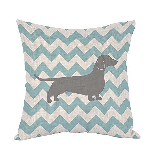 Moslion Dachshund Dog Pillow Dachshund Pattern Dog Teal Waves Striped Cotton Linen Cushion Cover Square Pillow Cases For Men Women Boys Girls Pillowcase Sofa Bedroom Livingroom 18"X18" #TOP8