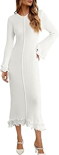 Womens Bell Long Sleeve Knit Dress Ruffle Bodycon Ribbed Cocktail Party Crew Neck Midi Sweater Dresses