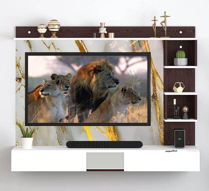 Modern Entertainment Center | Fits up to 32 to 65 Inch TV | Back Side 3mm UPVC Sheet and Drawer Pattern (White-Gold, 32-65 Inch, with Fitting)-image-36